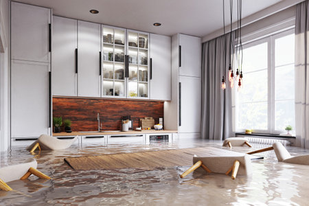 Flooded Floor In Kitchen From Water Leak. 3D renderingの写真素材