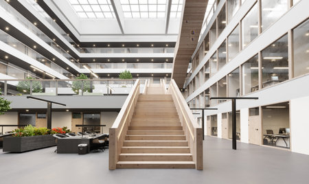 3d rendering interior of a modern office building with stairwayの写真素材