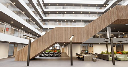 3d rendering interior of a modern office building with stairwayの写真素材