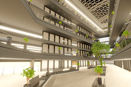 3d render of modern office building interior design with green plant.の写真素材