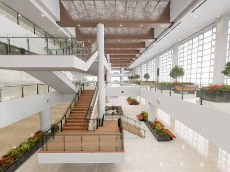 3d render of modern office building interior with stairs and plants.の写真素材