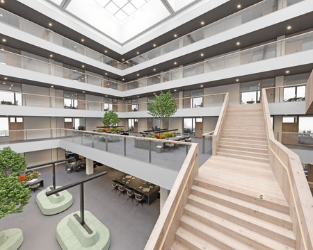 3d rendering interior of a modern office building with stairwayの写真素材