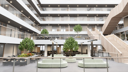 3d rendering interior of a modern office building with stairwayの写真素材