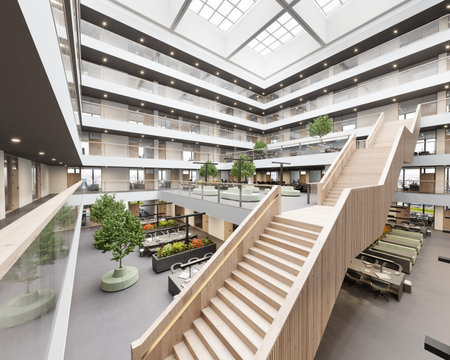 3d rendering interior of a modern office building with stairwayの写真素材