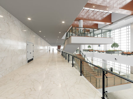 3d render of modern office building interior with stairs and plants.の写真素材