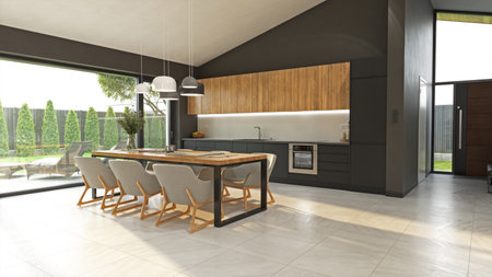 3d Illustration of modern kitchen in a house with a beautiful designの写真素材