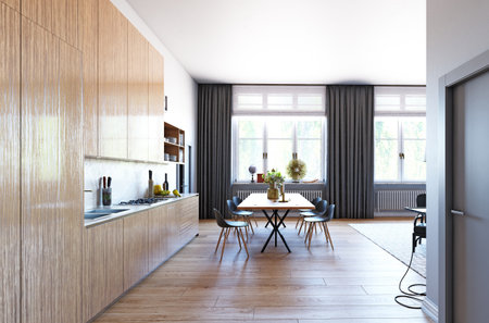 3d rendering of modern kitchen in loft style with wooden floor.の写真素材