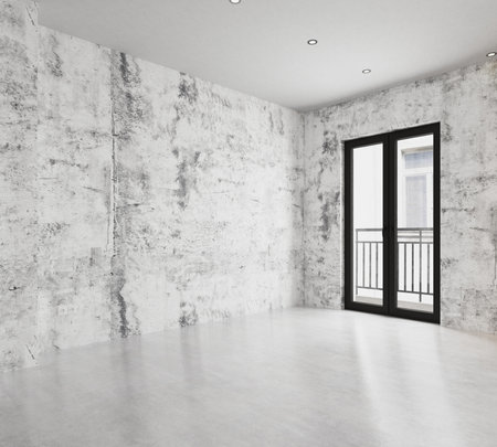 Interior of empty room with white walls, concrete floor and black door. 3d renderingの写真素材