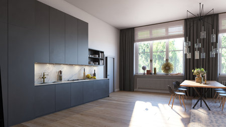 3d rendering of modern kitchen in loft style with wooden floor.の写真素材