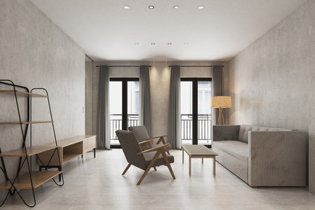 Modern living room interior design. 3d rendering mock up illustration.の写真素材