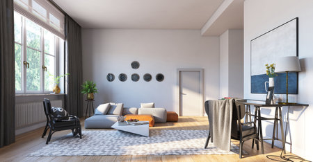 interior of modern bright room with white walls, 3d renderingの写真素材