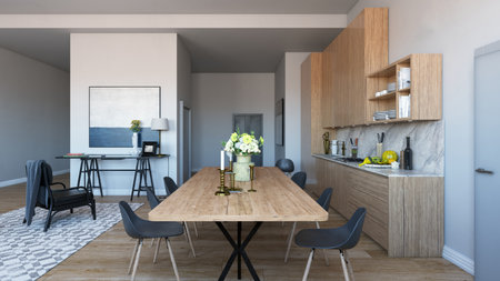 3d rendering of modern kitchen in loft style with wooden floor.の写真素材