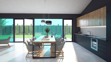 3d Illustration of modern kitchen in a house with a beautiful designの写真素材