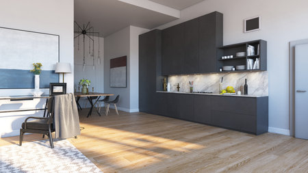 3d rendering of modern kitchen in loft style with wooden floor.の写真素材