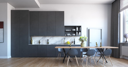 3d rendering of modern kitchen in loft style with wooden floor.の写真素材