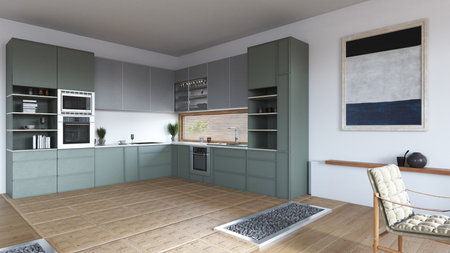 3d Illustration of green modern kitchen in a house with a beautiful designの写真素材