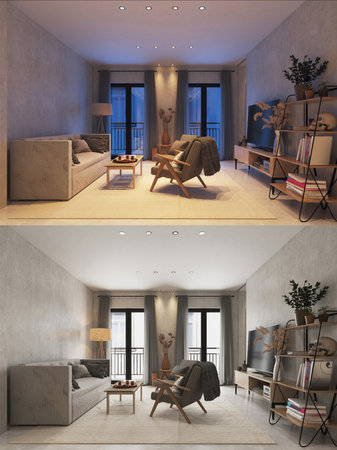 Interior of modern living room in loft style. day and night. 3d renderの写真素材