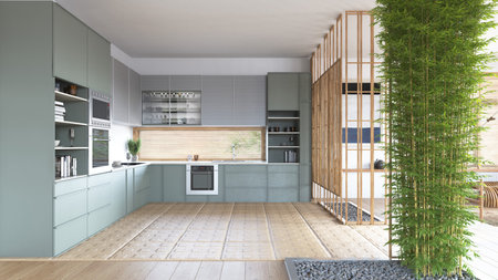 3d Illustration of green modern kitchen in a house with a beautiful designの写真素材
