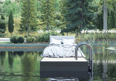 white bed on a lake in the mountains. 3d renderingの写真素材