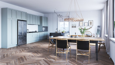 modern kitchen interior design with dining table.の写真素材