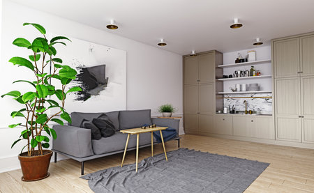 modern house interior. Sofa and kitchen area. 3d rendering conceptの写真素材