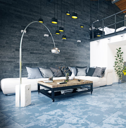 modern loft living room interior. 3d rendering design conceptの写真素材