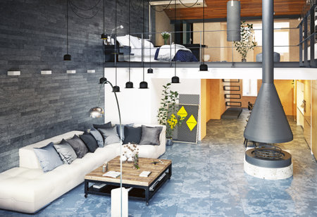 modern loft living room interior. 3d rendering design conceptの写真素材