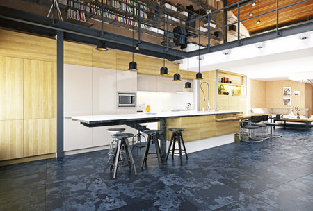 modern loft kitchen interior, 3d rendering designの写真素材