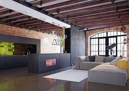 Modern loft style living room interior design with fireplace. 3d rendering