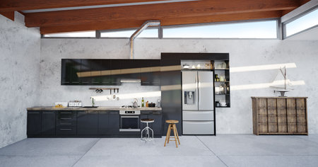3d Illustration of black modern kitchen in a loft with a concrete wallの写真素材