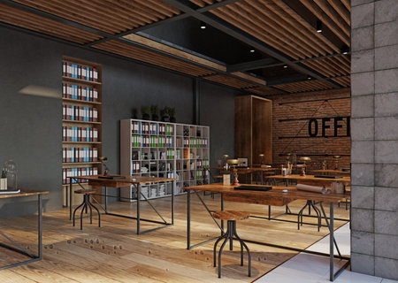 A large open office space with wooden floors and brick walls, 3d renderの写真素材