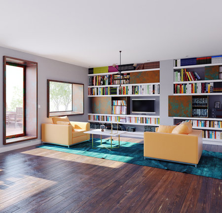 modern home with table in the window. 3d rendering design conceptの写真素材