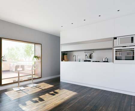 modern home kitchen with table in the windowの写真素材