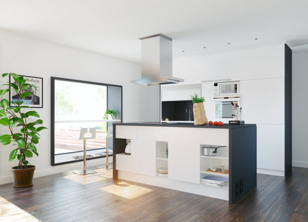 modern home kitchen with table in the window. 3d rendering conceptの写真素材