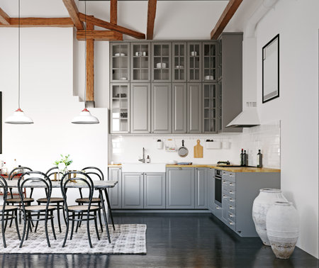modern loft kitchen interior design. 3d rendering conceptの写真素材