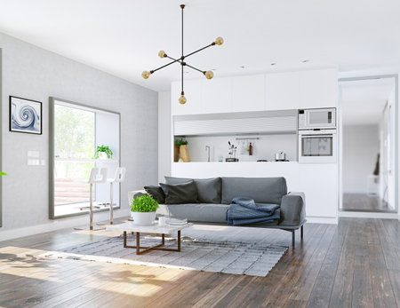 modern home interior with table in the window. 3d rendering design conceptの写真素材