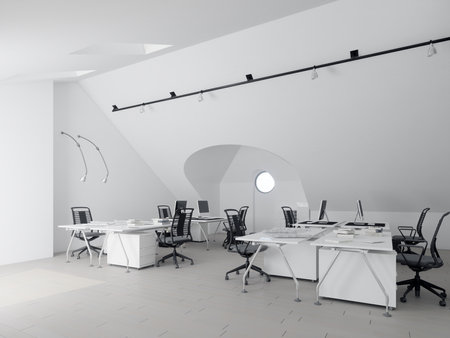 Interior of modern office with white walls, tiled floor, rows of computer tables and white ceiling. 3d renderingの写真素材