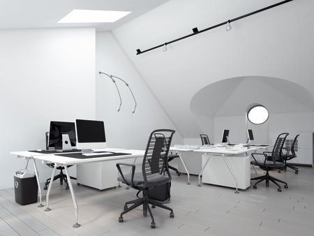 Modern white office interior with furniture and equipment. 3D Renderingの写真素材