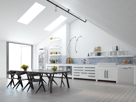 Minimalist white kitchen with sleek design and natural light. 3d renderの写真素材