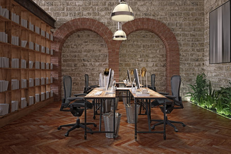Industrial office with brick walls and modern decor. 3D renderの写真素材