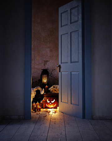 Spooky Halloween scene with skulls, pumpkins, and candles. 3D renderの写真素材