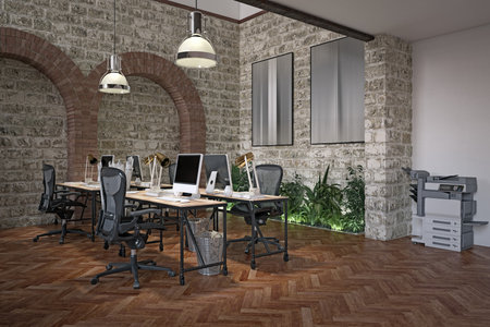 Industrial office with brick walls and modern decor. 3D renderの写真素材