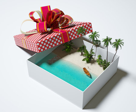 A tropical beach scene inside a vibrant gift box, blending the surprise of a present with the escape...