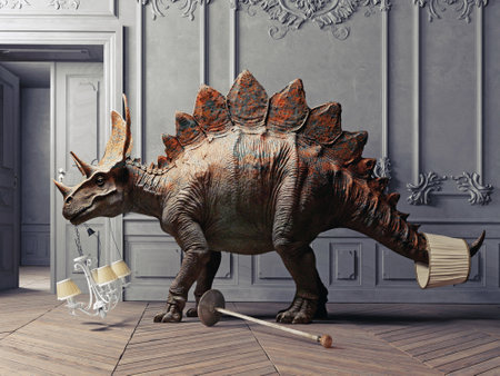 A dinosaur in a vintage-style room, carrying a chandelier in its mouth, with a lampshade on its tail, creating a whimsical and surreal scene. 3d renderの写真素材