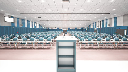 A spacious conference hall with rows of chairs and a podium, set up for a large meeting or seminar. 3d renderの写真素材