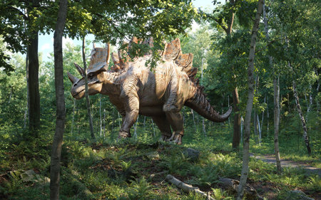 A realistic dinosaur roaming through a dense, sunlit forest. 3d renderの写真素材