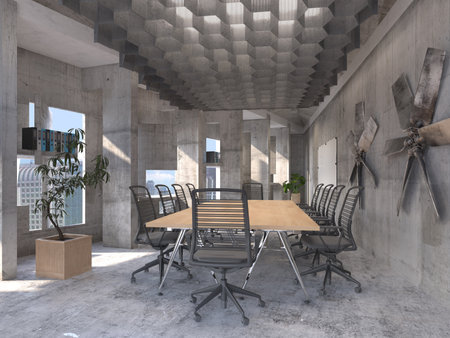 A sleek, office conference room with a minimalist design, featuring a long table, and large concrete windows flooding the space with light. 3D renderの写真素材