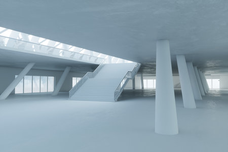 Minimalist interior with geometric pillars and a wide staircase in soft light. 3d renderの写真素材