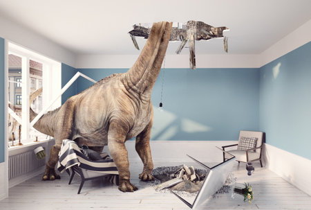 A dinosaur in a modern room causes a ceiling collapse. 3D renderingの写真素材