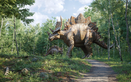 A realistic dinosaur roaming through a dense, sunlit forest. 3d renderの写真素材
